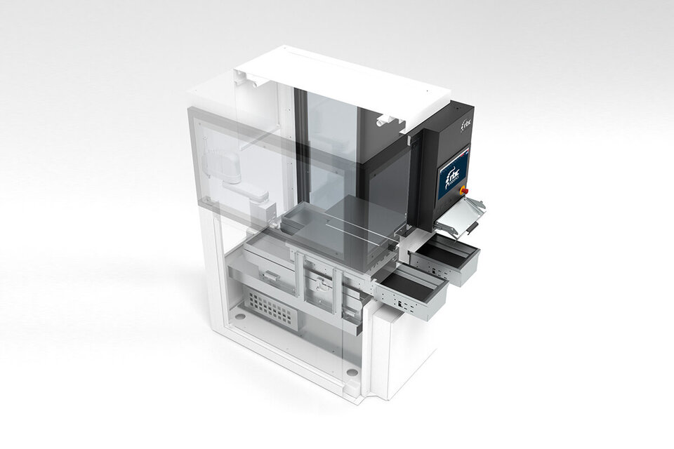 Technische Visualisierung der rbc robotics FXA 240 EOL Automatisierungszelle mit integrierter Werkstückhandhabung.